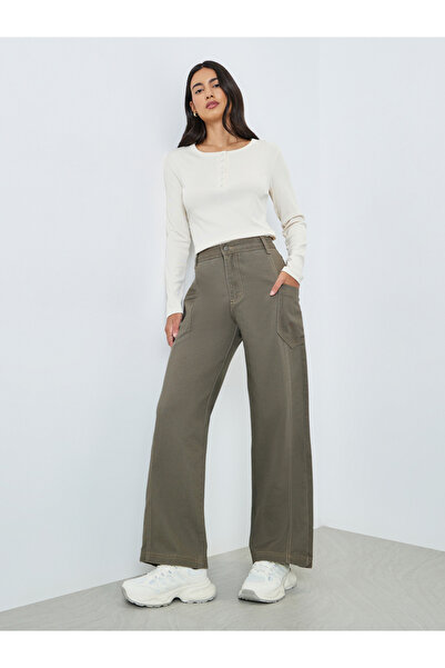 Styli Khaki Wide Leg Cargo Jeans