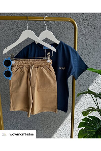 WOWMOMKIDS Unisex Woven Shorts Set Blue Top and Brown Bottom - Comfortable 2-...