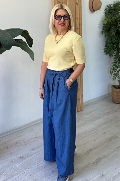 By Esra Celkan Blue Elastic Waist Lace Detail Imported D Denim B Wide-Leg Tro...