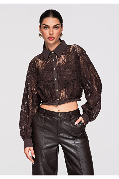 OMBRE Femei Cămașă Dantelă Elegantă OW-SH-E0011 Maro