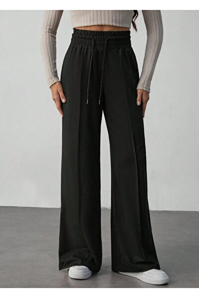 Hera Moda Women's Black Extra High Waist 2 Thread Wide Leg Sweatpants