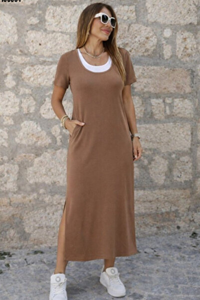 Kokosh moda فستان نسائي من الفيسكوز بفتحة رقبة دائرية وتفاصيل شقوق، ذو مظهر ر...