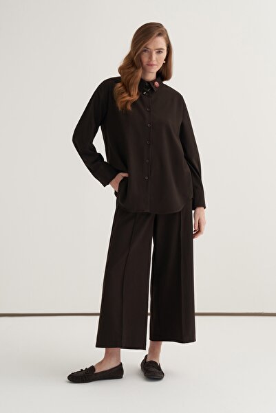 EBU Prive Γυναικείο Σετ Παντελόνι Culotte και Πουκάμισο σε Χρώμα Καφέ