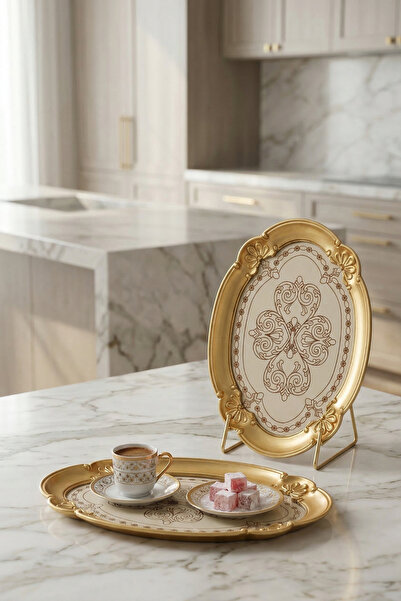 Sevinse Home طقم تقديم من خشب الورد الإيطالي مكون من 6 قطع باللون الذهبي الكريمي