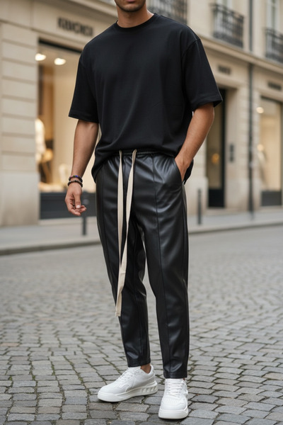 dehaine Pantaloni casual din piele ecologica, pentru barbati, pantaloni fashi...