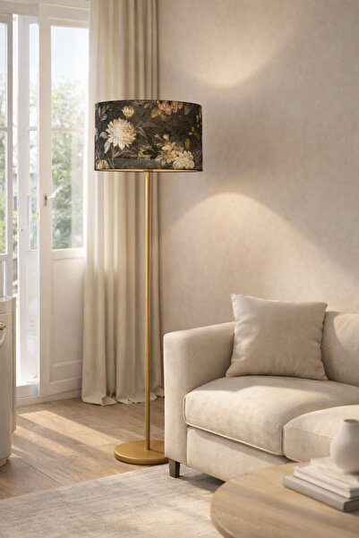 Natiorj Kadife Mor Çiçekli Abajur Şapkalı Krem Renkli Tek Ayaklı Lambader Sal...