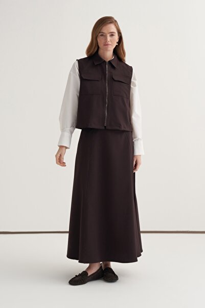 EBU Prive Women's Gabardine Vest Set Skirt Suit Bitter Brown