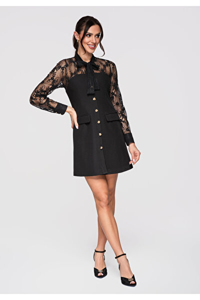 Larica OMBRE Women's Elegant Lace Dress, Transparent Sleeves LA-OM-DLR304 Black