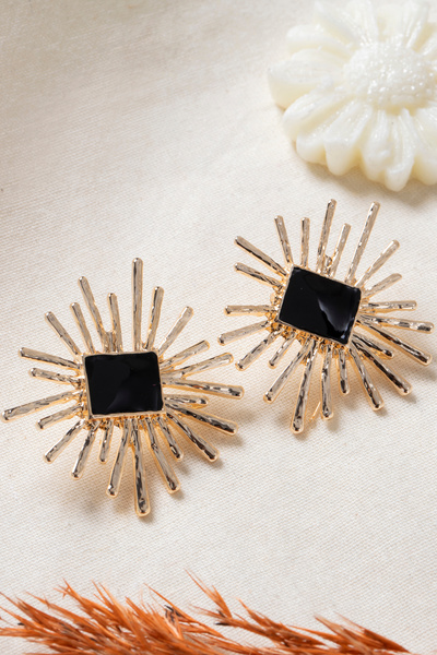 Elika Silver Showy Black Enamel Fringed Gold Plated Earrings
