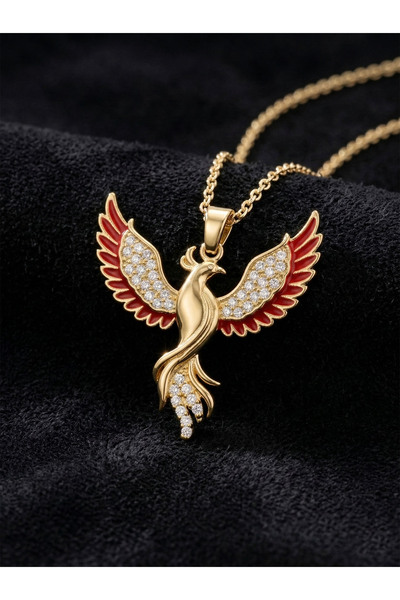 Roza Silver 925 Ayar Gümüş Zümrüdüanka Kuşu Kolye - Altın Kaplama Kırmızı Min...