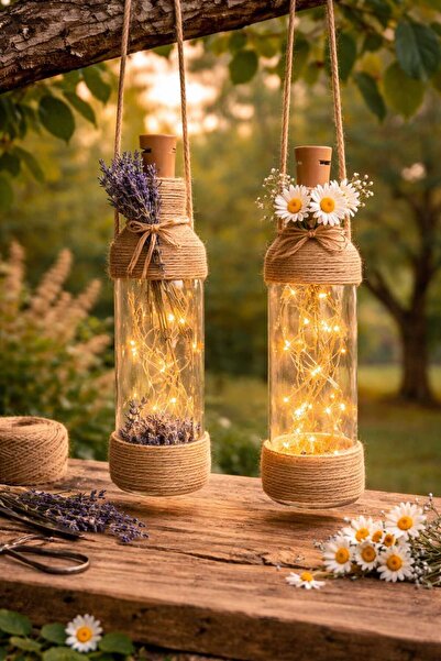 ecrella Yapay Çiçekli LED Işıklı Cam Şişe Seti – Lavanta, Papatya, Zeytin Dal...