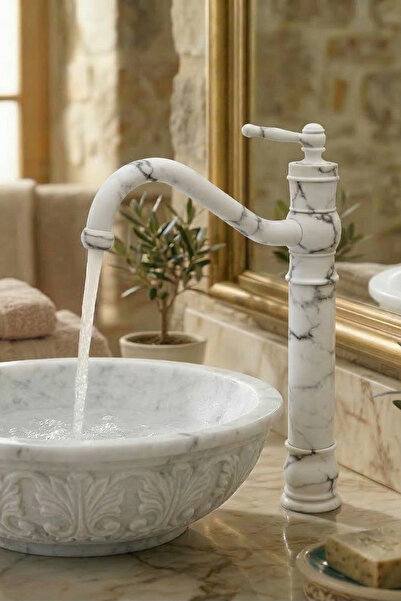 DUREVO صنبور حوض غسيل بتصميم عتيق - صنبور حمام بتصميم ريترو - نمط رخامي أبيض