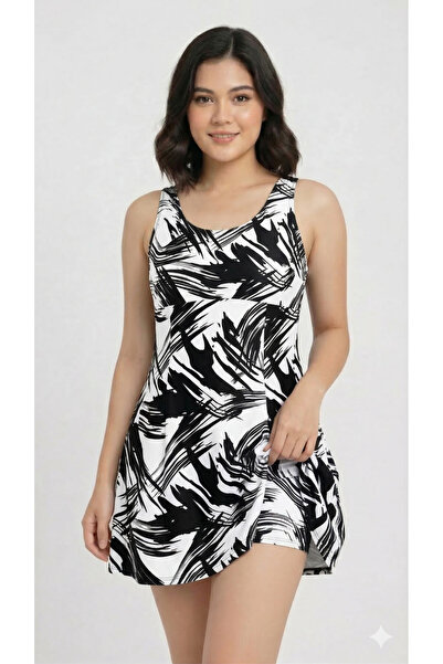 My-o Women's Black and White Brush Patterned Combined Shorts Dress Swimsuit 3...