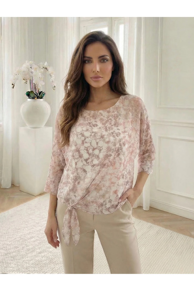 UniqueStore.ro Pastel Beige Floral Print Blouse with Waist Tie - One Size