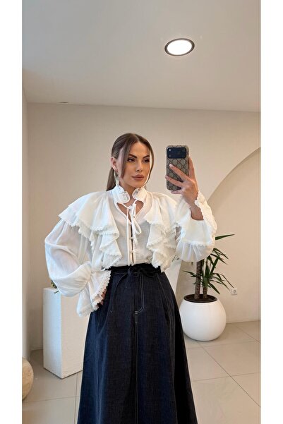 Şulenin Butiği FIRFIRLI BOYUN BAĞLAMALI BEYAZ GÖMLEK