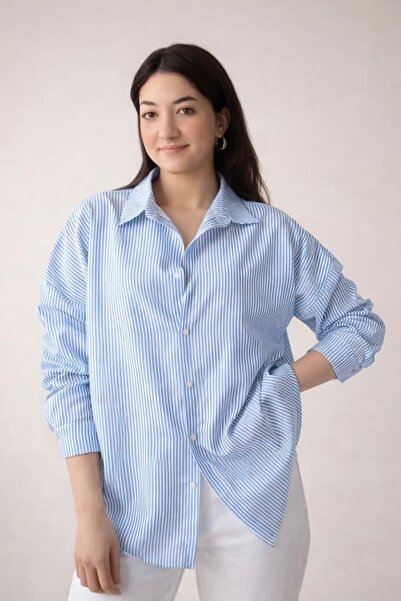 bb butik basic Women's Oversized Striped Shirt Tr3435
