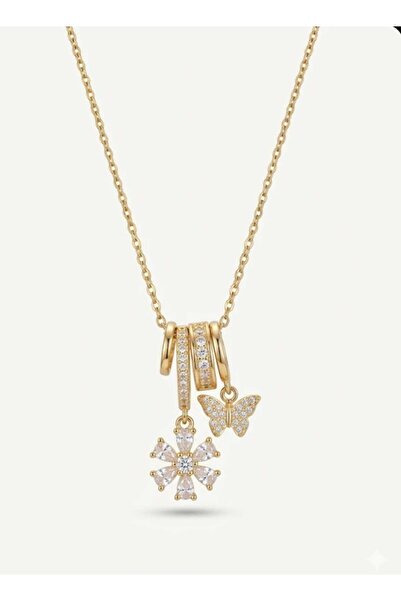 Meyra Accessories meyra 316L Çelik Kadın Kolye - Işıltılı Çiçek ve Kelebek Figürlü Çoklu Charm Kararmaz Gold Kolye