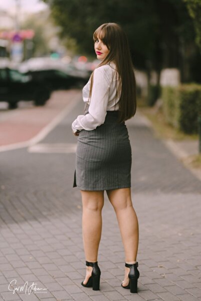 Angy Fashion Gray striped wrap-style office dress with front slits Size: 36