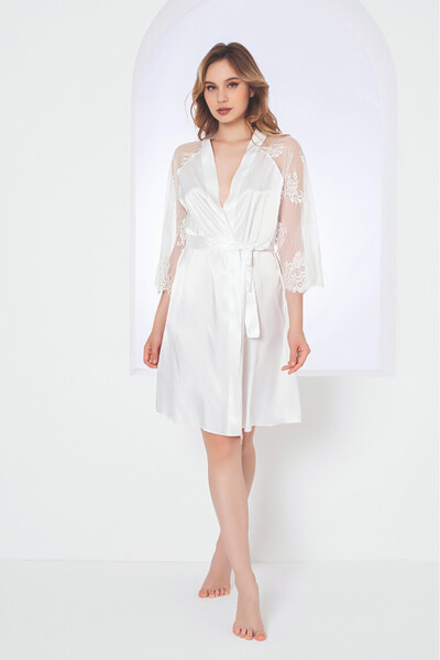 NBB Rochie de casă din satin pentru femei, cu mâneci și cordon, model dantelă...