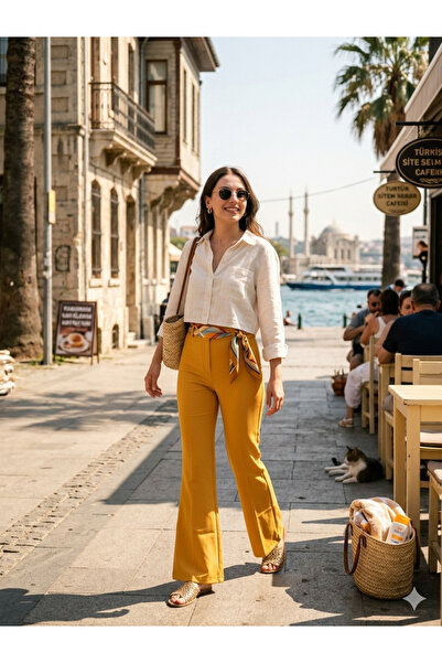 Kutaf Mustard Yellow High Waist Flared Flare Pants