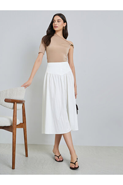 Take Two By Styli White Wide Waistband Button Midi Skirt