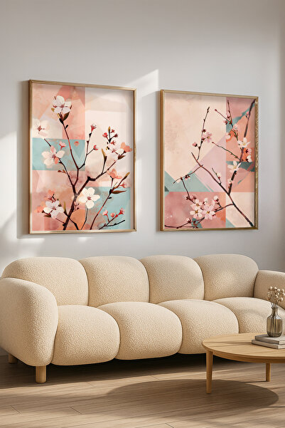 STARYUNA Wooden Framed Double Painting Set with Cherry Blossom Illustration Y...