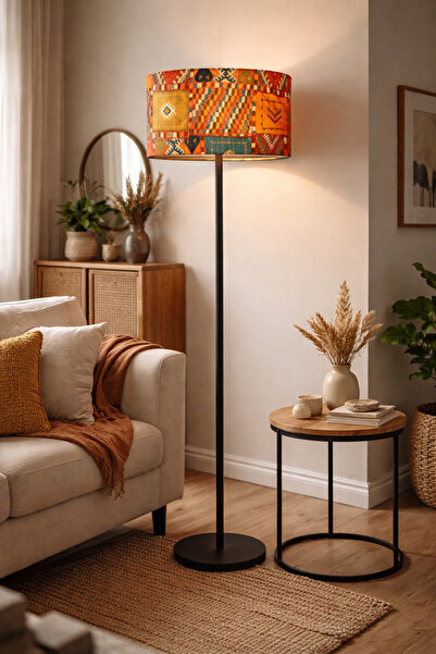 Natiorj Kapadokya Abajur Şapkalı Siyah Renkli Tek Ayaklı Lambader Salon Yatak...