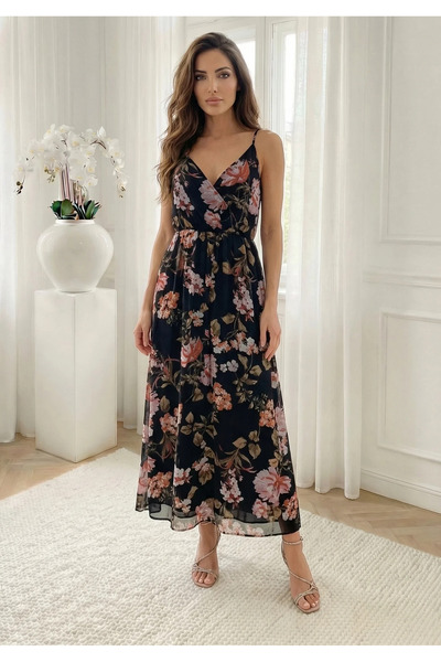 UniqueStore.ro Αέρινο μακρύ φόρεμα με Με φλοράλ μοτίβο και ρυθμιζόμενες τιράντες