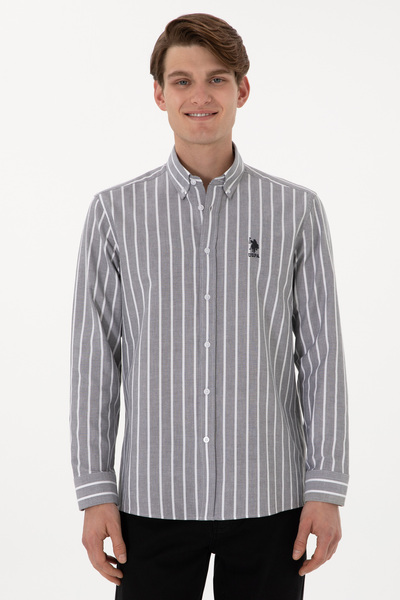 U.S. Polo Assn. Men's Shirt in Grey with Striped and Embroidered Logo