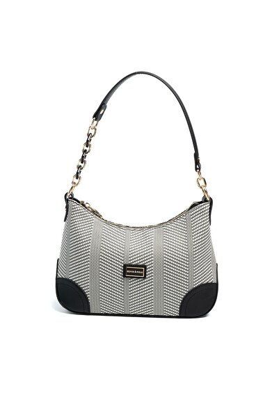 Silver Polo فضي وبولو SP1277 للنساء حقيبة كتف قش أسود أبيض-أسود