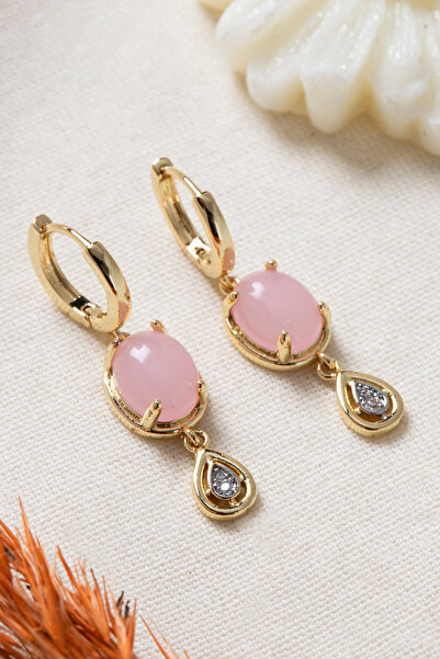 Elika Silver Kadın Pembe Taşlı Sallantılı Oval Vintage Küpe