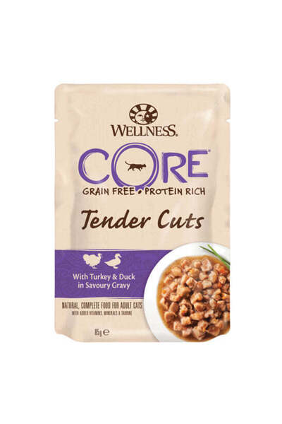 Wellness Core قطع طرية من الديك الرومي والبط في مرق اللحم، طعام رطب للقطط 85 ...