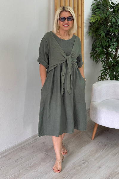 By Esra Celkan Khaki File Tie-Detail Imported P Cotton K Linen Dress