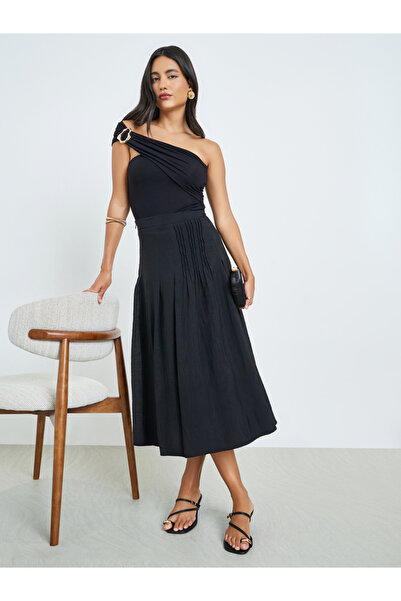 Styli Black Pleated Detail A-Line Midi Skirt