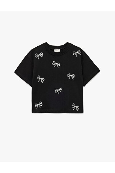 Koton Βαμβακερό μπλουζάκι με κοντό μανίκι και λαιμόκοψη με λεπτομέρεια από κο...