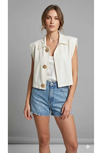 MONAMORE سترة نسائية من الكتان بتصميم كلاسيكي، بدون إغلاق أمامي، مع أزرار مزخ...