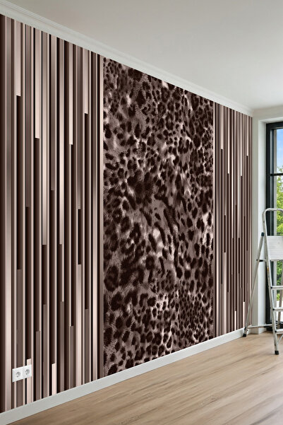 MİRAZAWALL Dikey Çizgili Panel ve Leopar Desenli Tek Parça Tekstil Duvar Kağıdı