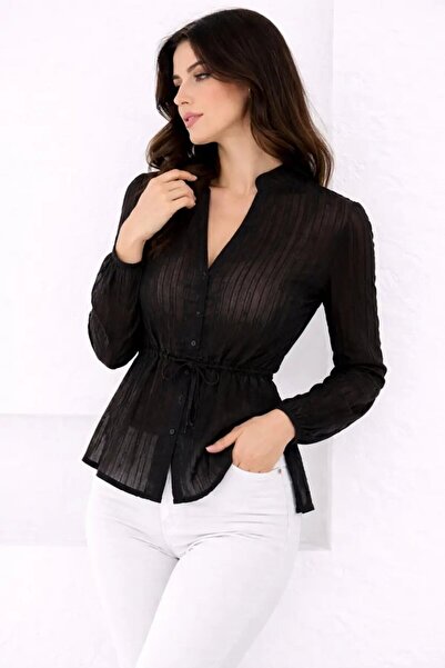 Cool & Sexy Μπλούζα με κουμπιά σε σχήμα V και γιακά, μαύρη