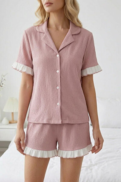FİT WOMEN Ruffle Detail Wrinkled Fabric Buttoned Short Shorts Pajama Set 6021