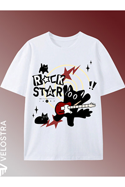Velostra تي شيرت نسائي للجنسين من Rock Star Cat مطبوع كبير الحجم ومريح للاستخ...