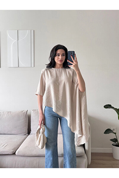 Zoom Butik Oversize Asimetrik Yazlık Panço Bluz - BEJ