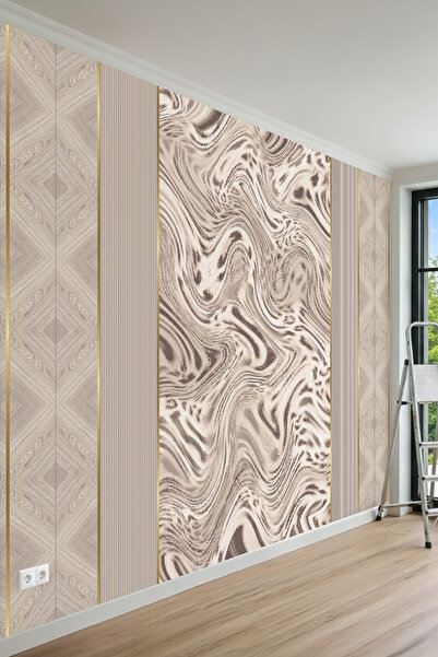 MİRAZAWALL Geometrik Ahşap ve Soyut Akışkan Mermer Desenli Tek Parça Tekstil ...
