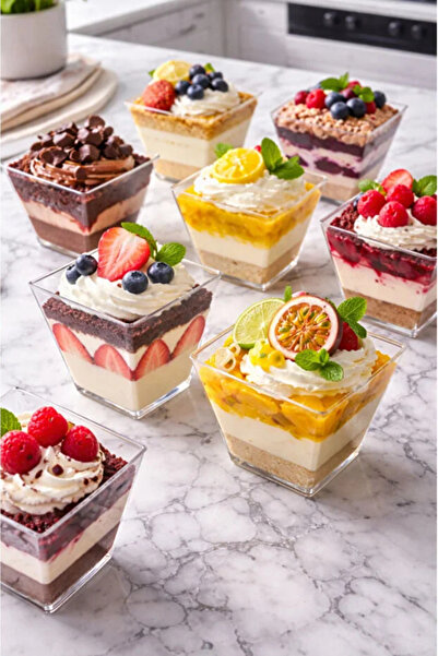 TUMU LIFE 50'li 200Cc Kübik Prizma Mika Magnolya Kase Plastik Tatlı Sunum Kab...