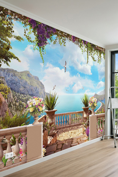 MİRAZAWALL Taş Balkon Manzaralı, Çiçek Saksıları ve Deniz Manzaralı Tek Parça...
