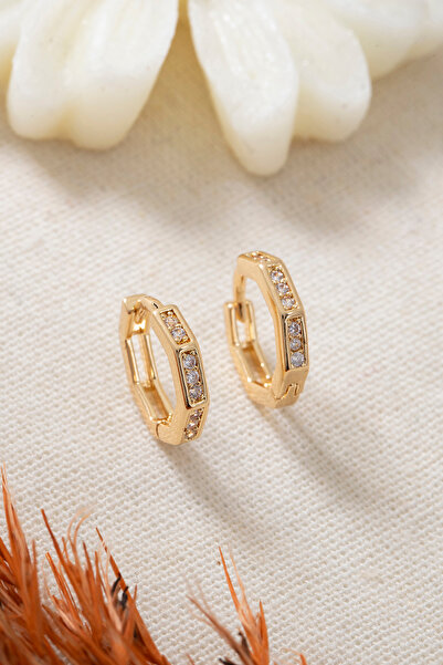 Elika Silver Minimal Zirkon Taşlı Tasarım Küpe / 14K Gold Kaplama
