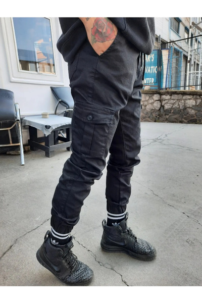 COOL TARZ بنطلون كارغو رجالي أسود قصة ضيقة بدون أربطة دنيم مع أربطة جانبية بج...