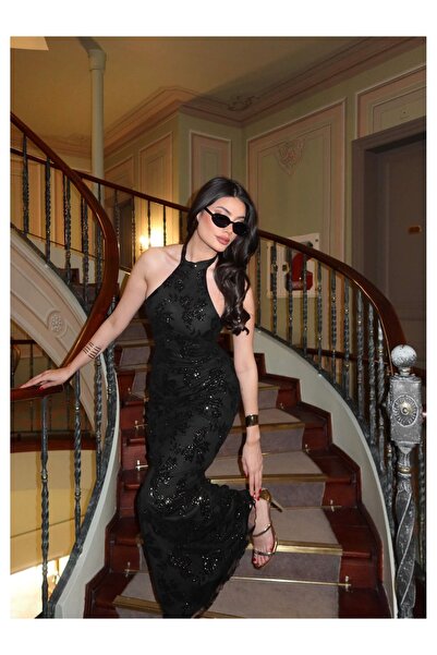 ESRAHELVACI Boyun Bağlamalı Jakarlı Tül Elbise