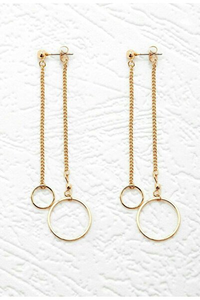 Shiklik Double Ring Detailed Chain Dangle Gold Earrings