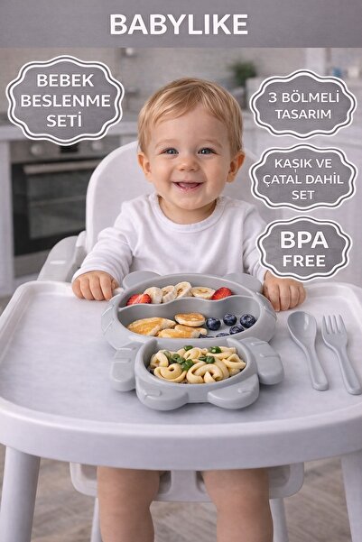 Babylike Bölmeli Bebek Beslenme Tabağı – Kaşıklı Çatallı Çocuk Mama Tabağı BP...