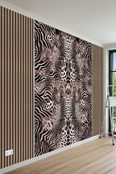 MİRAZAWALL Dikey Ahşap Çıtalı Panel ve Leopar Desenli Tek Parça Tekstil Duvar...